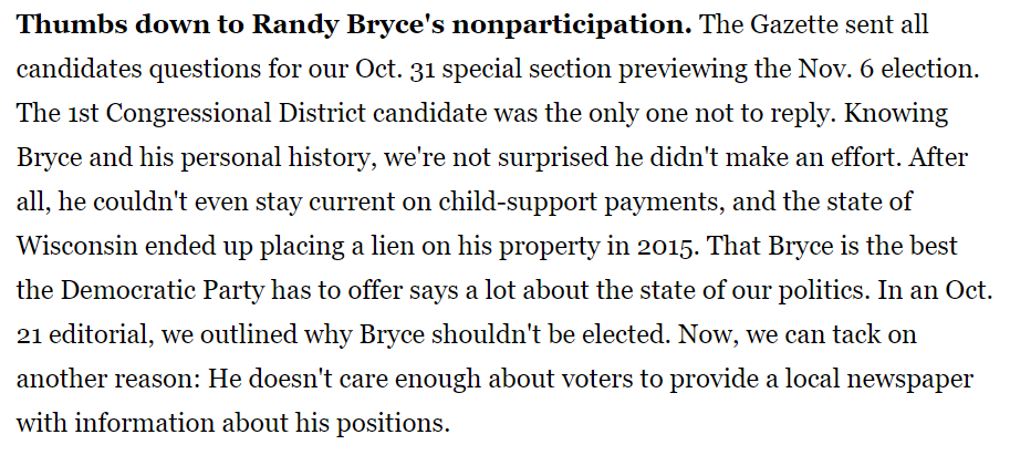 Janesville Gazette: Thumbs down to Randy Bryce’s nonparticipation.